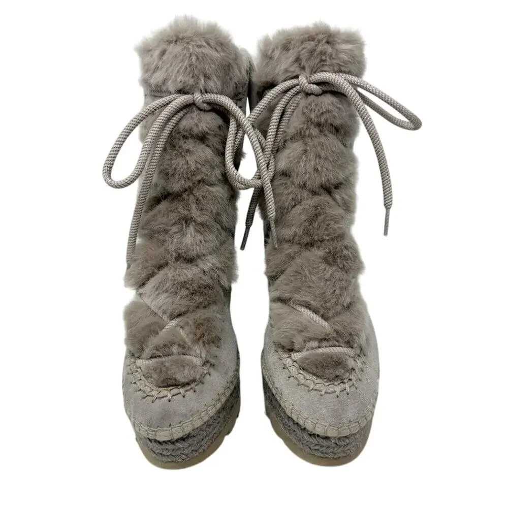 Vidorreta Taupe Suede & Faux Fur Espadrille Boots Size EU 39 Lace Up Wedge Heel